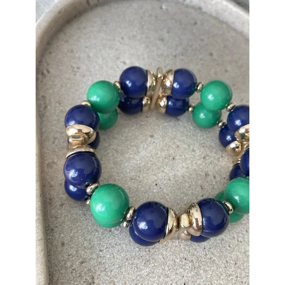 Chunky Beaded Stretch Bracelet Blue Green Gold Tone Preppy Statement Nautical‎